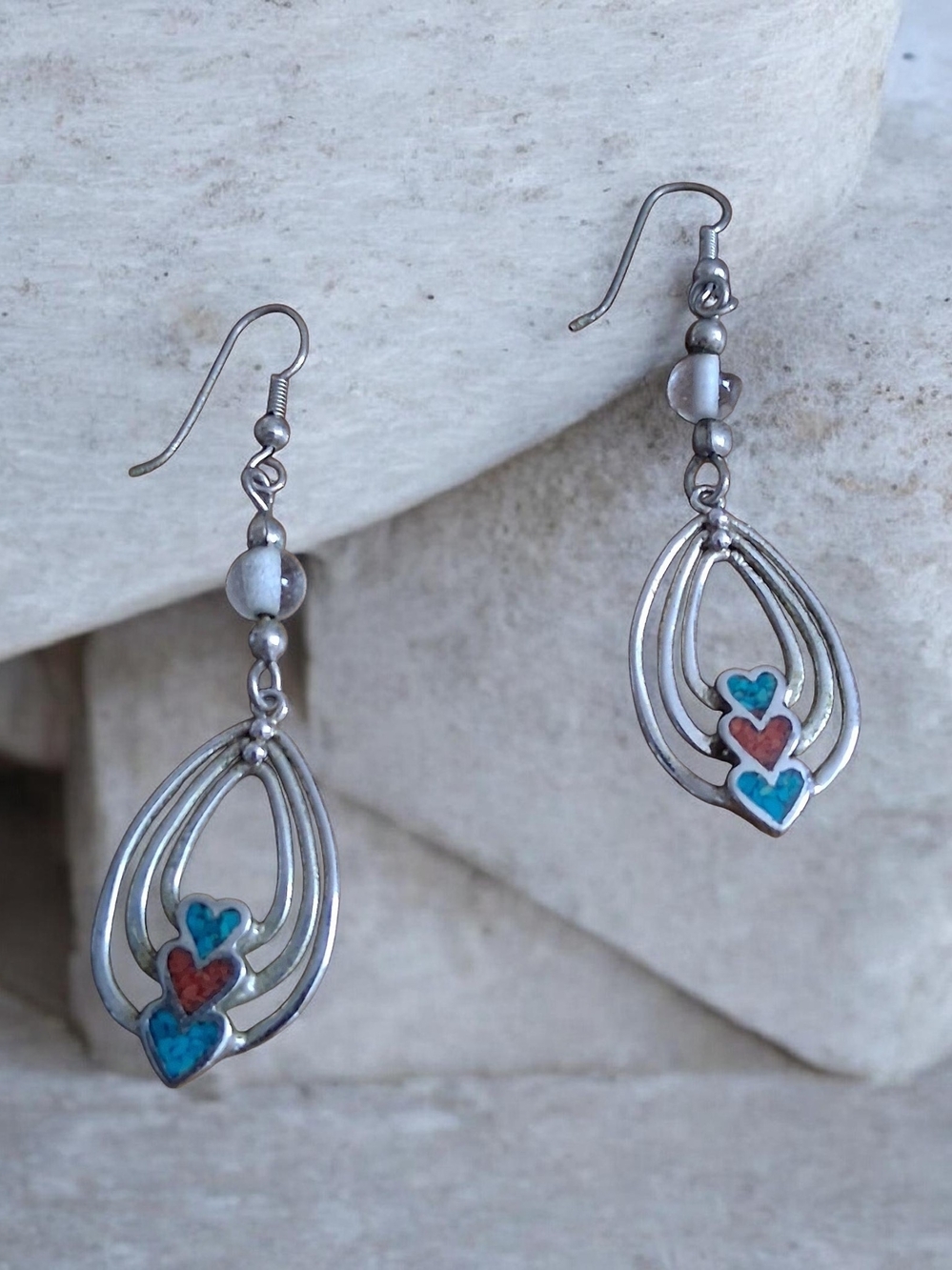 Sterling Silver Teardrop Earrings with Turquoise & Coral Hearts